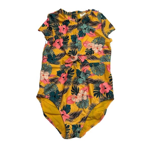 Art Class L 10/12 Yellow Tropical Floral Swim One Piece Short Sun Protection - Picture 1 of 2
